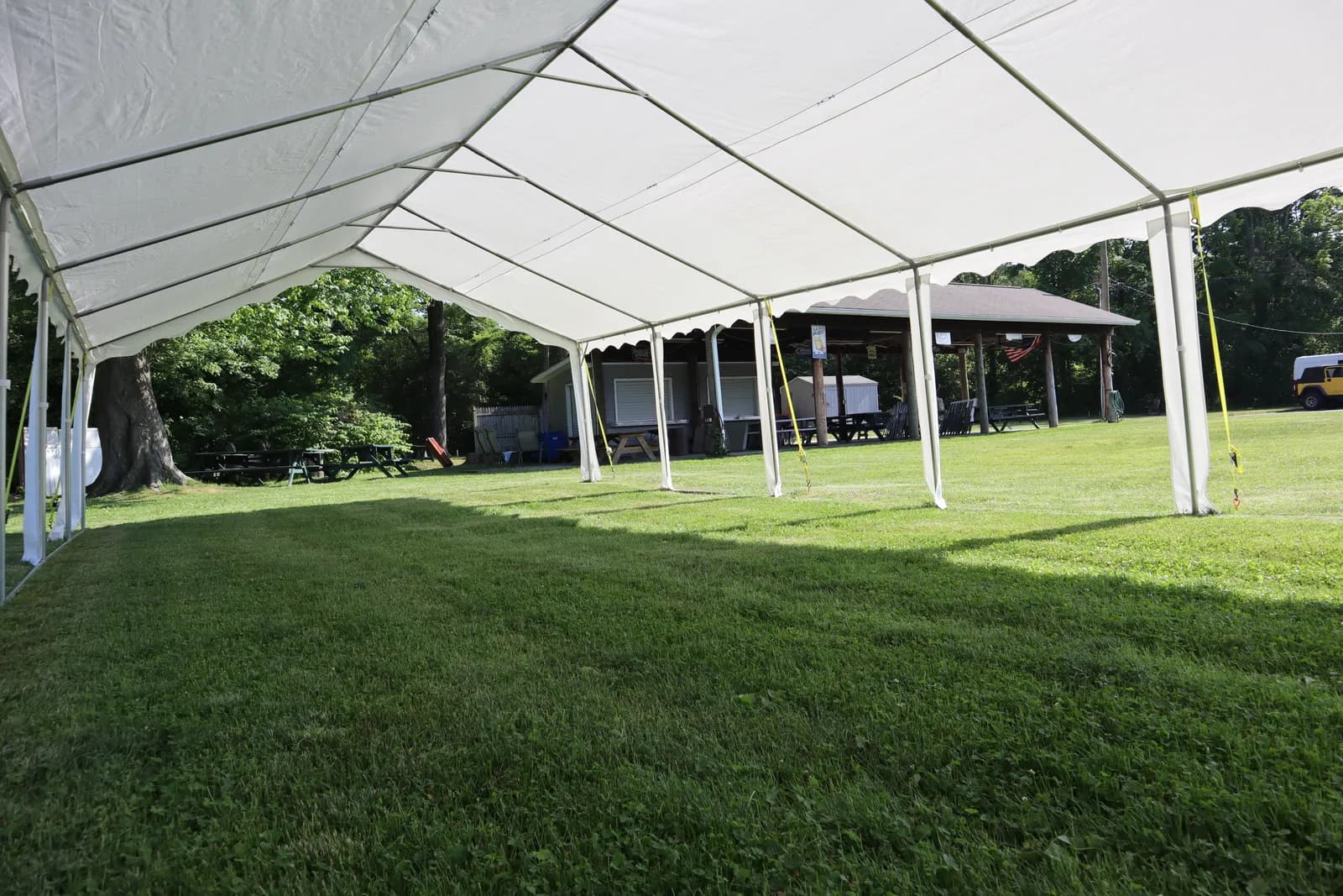 Looking out from under an event tent across the grounds