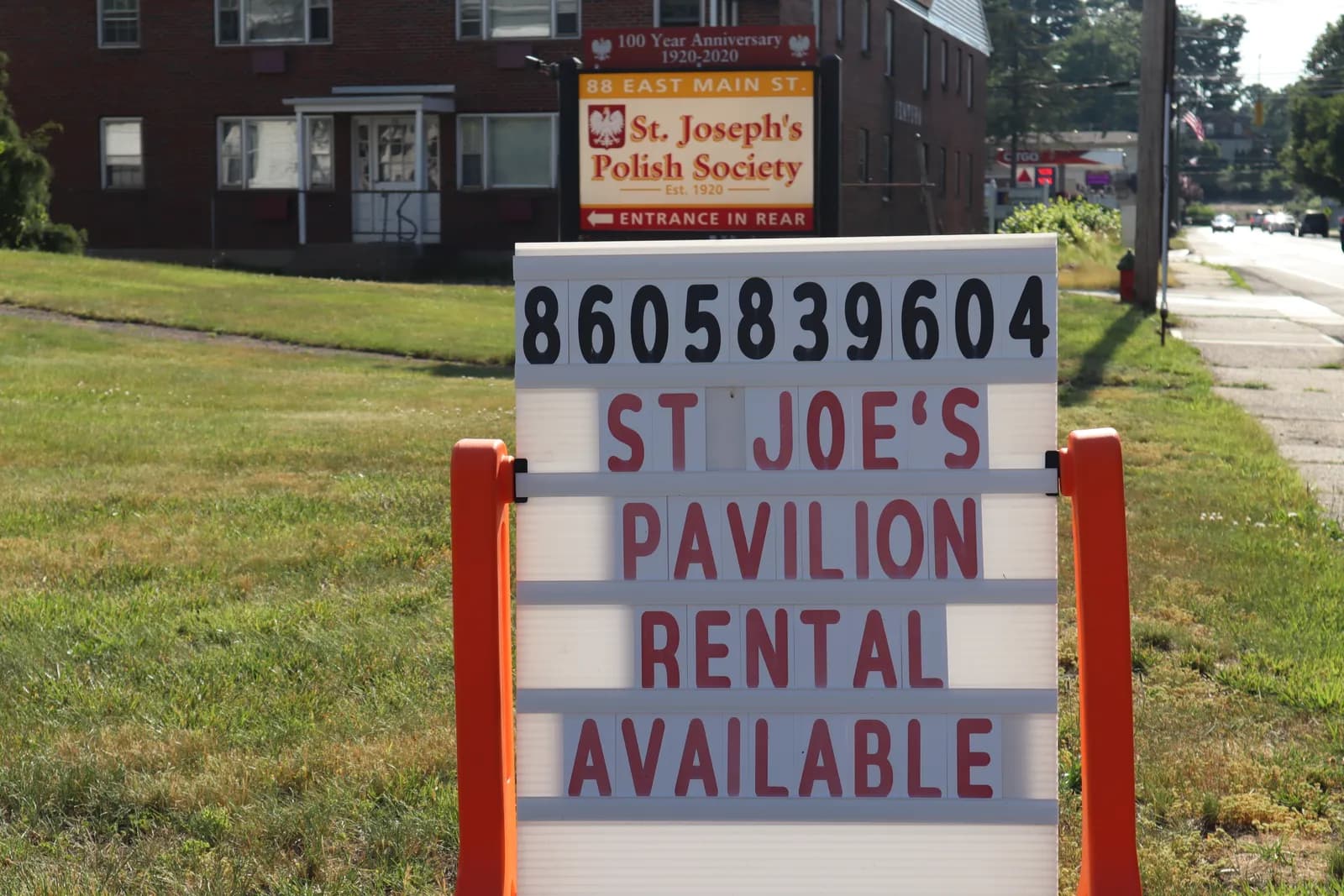 Marquee sign reading St. Joe's Pavilion Rental Available