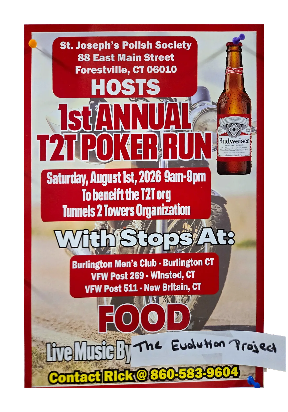 Flyer for the 1st Annual T2T Poker Run hosted by St. Joseph's Polish Society on Saturday, August 1st, 2026